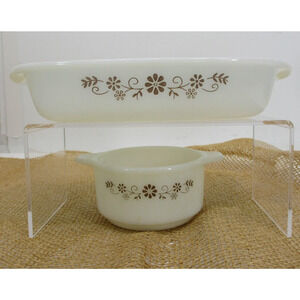 Lot 2 Vintage 1960s Dynaware Milk Glass Brown Daisy like pyrex Pyr-O-Rey bowl